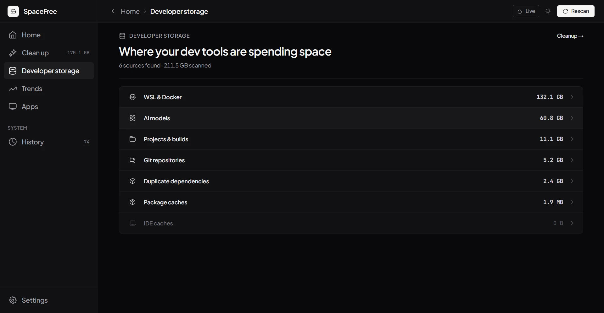 SpaceFree developer storage breakdown by WSL & Docker, AI models, project builds, and git repos