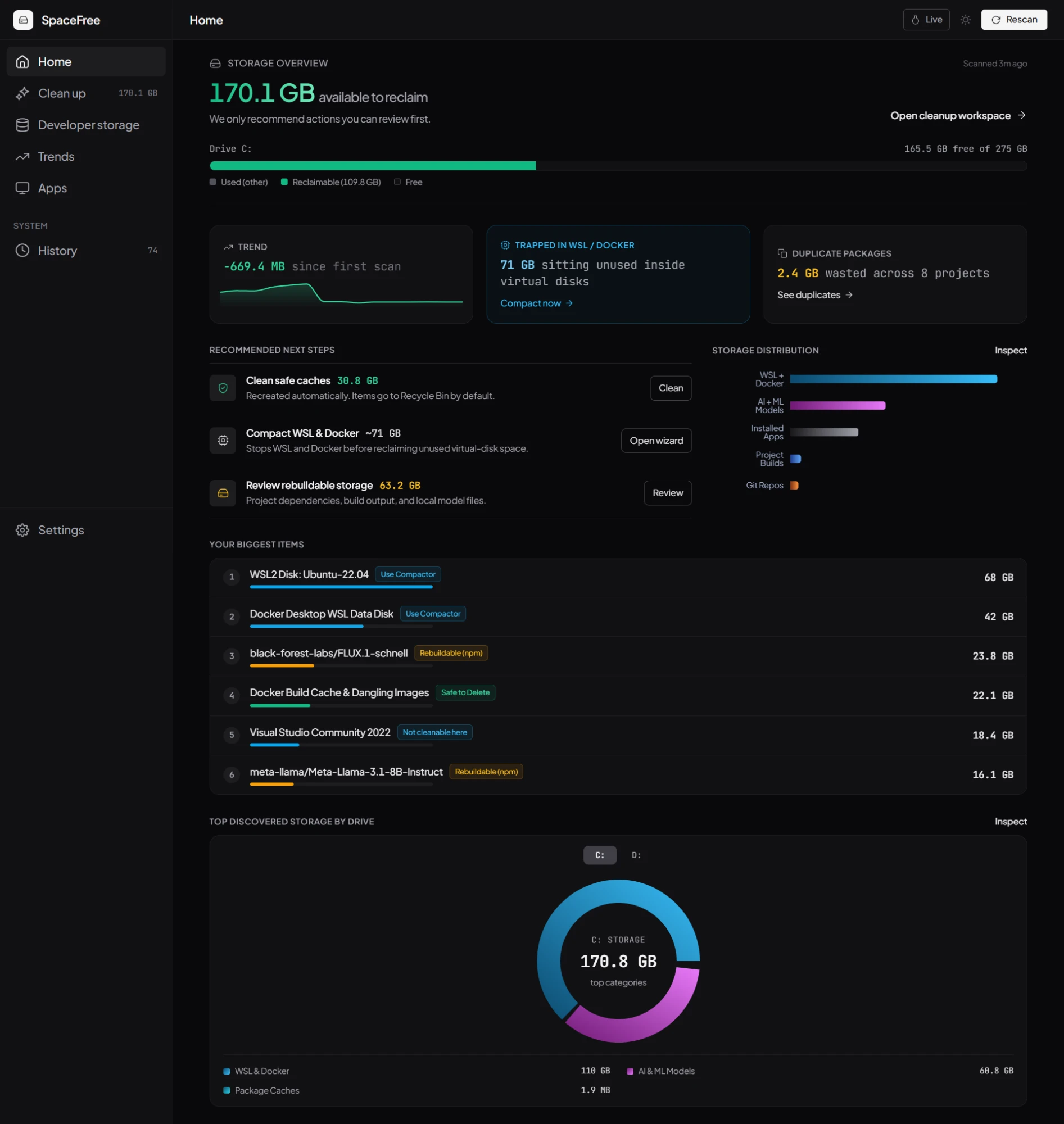 SpaceFree home dashboard showing 170.1 GB available to reclaim